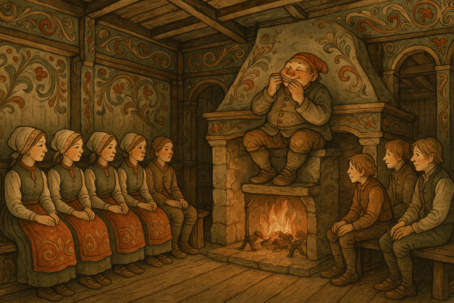Et stort proprietærkjøkken med benker langs veggene, tjenestepiker på den ene siden og gårdsgutter på den andre, og skomakeren som sitter på peisen og spiller munnharpe. Rommet er opplyst av ildens varme lys.
