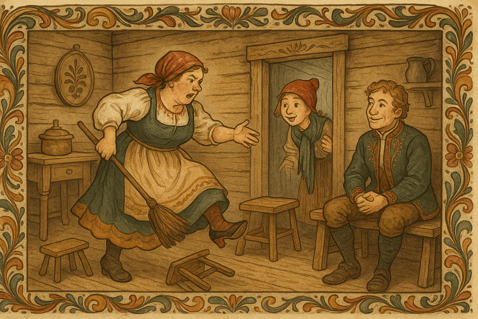 Kona tramper med en ny sko og datteren nikker fra døråpningen med ny lue mens frieren sitter og smiler. Familien later som de er velstående i en enkel norsk stue.