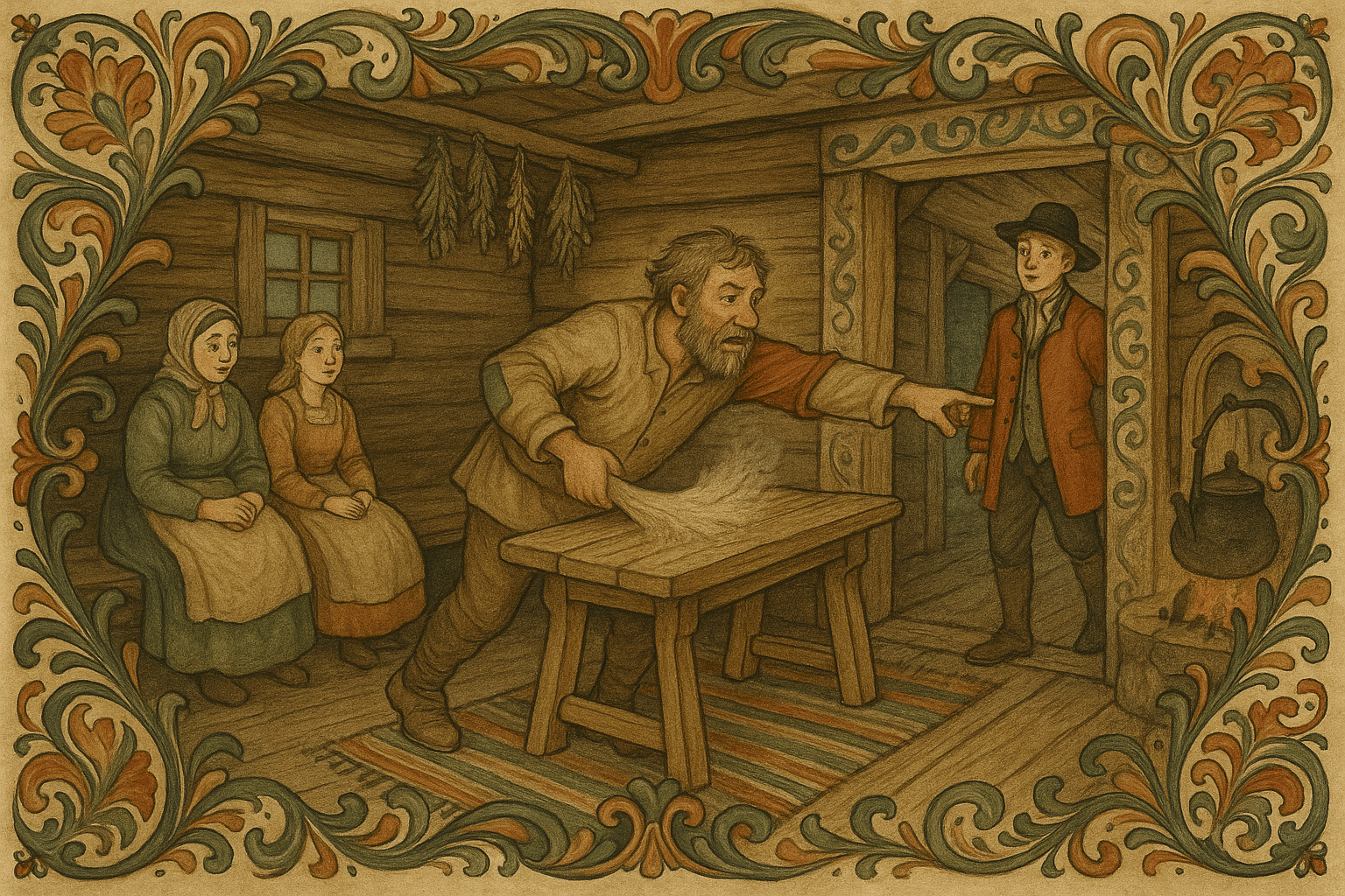 En far med nytt erme gnir støv av benker mens frieren står i døråpningen og ser overrasket ut. Enkel tømmerstue med ildsted og hjemmelagde tekstiler.