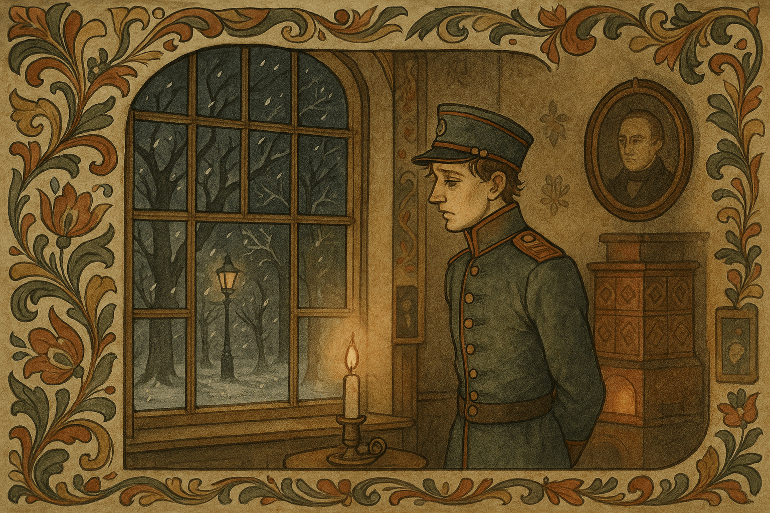 En ung offiser ser ut gjennom et gammelt vindu mot snødekte gater i Kristiania, med mørk decemberhimmel og svake lys i rommet.