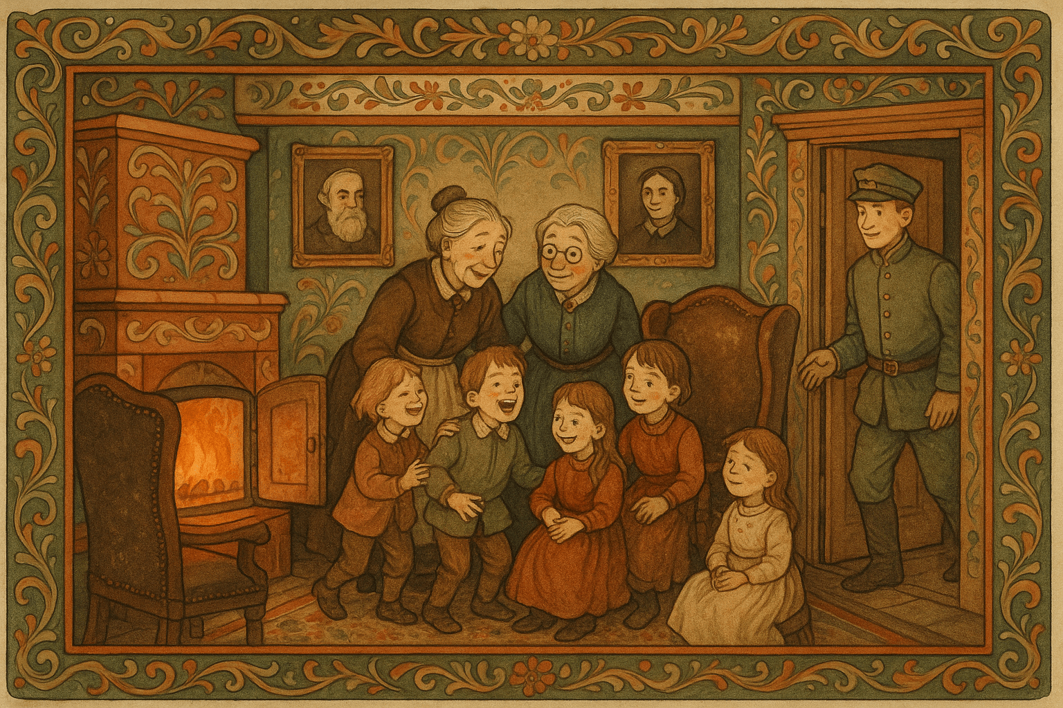 En varm stue med kakkelovn, to eldre jomfruer og lekne barn som strømmer inn mens en ung offiser blir ønsket velkommen.