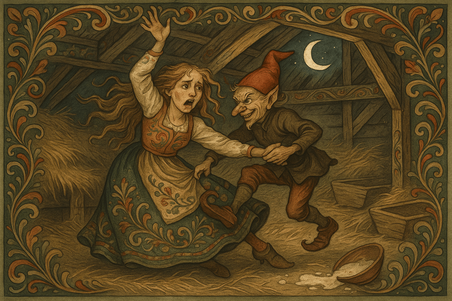 På et mørkt høyloft danser en rødluet nisse voldsomt med en utmattet jente ved siden av sølt grøt og hø.