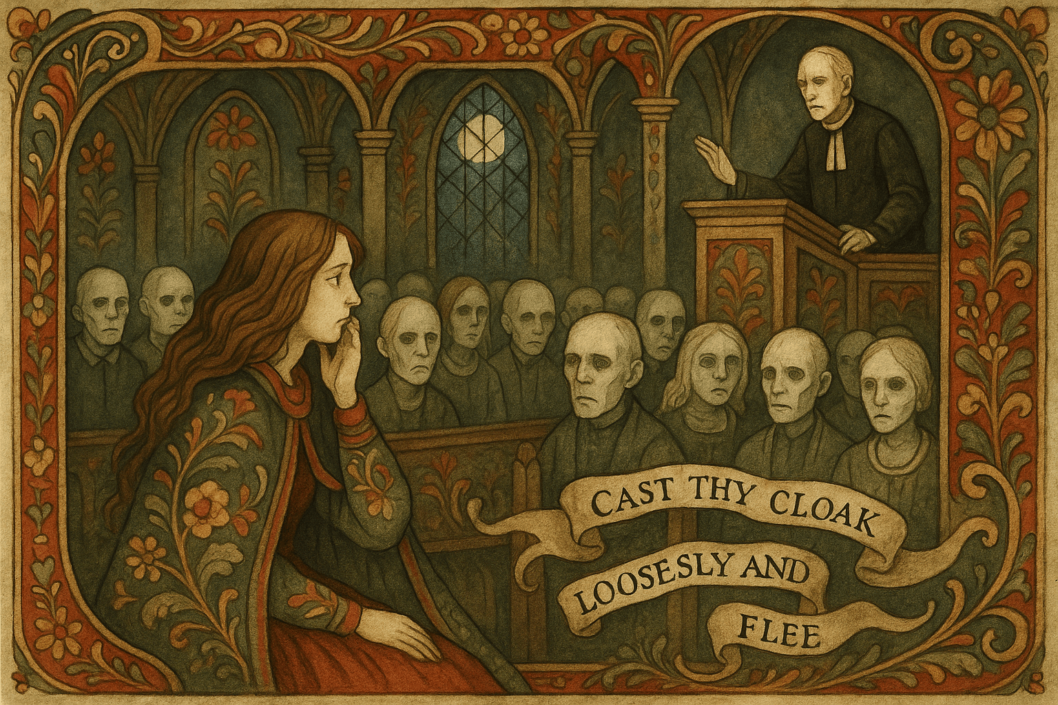 En kvinne ser forskrekket på en blek menighet i kirken, med en høy, blek prest på prekestolen og måneskinn gjennom vinduene.