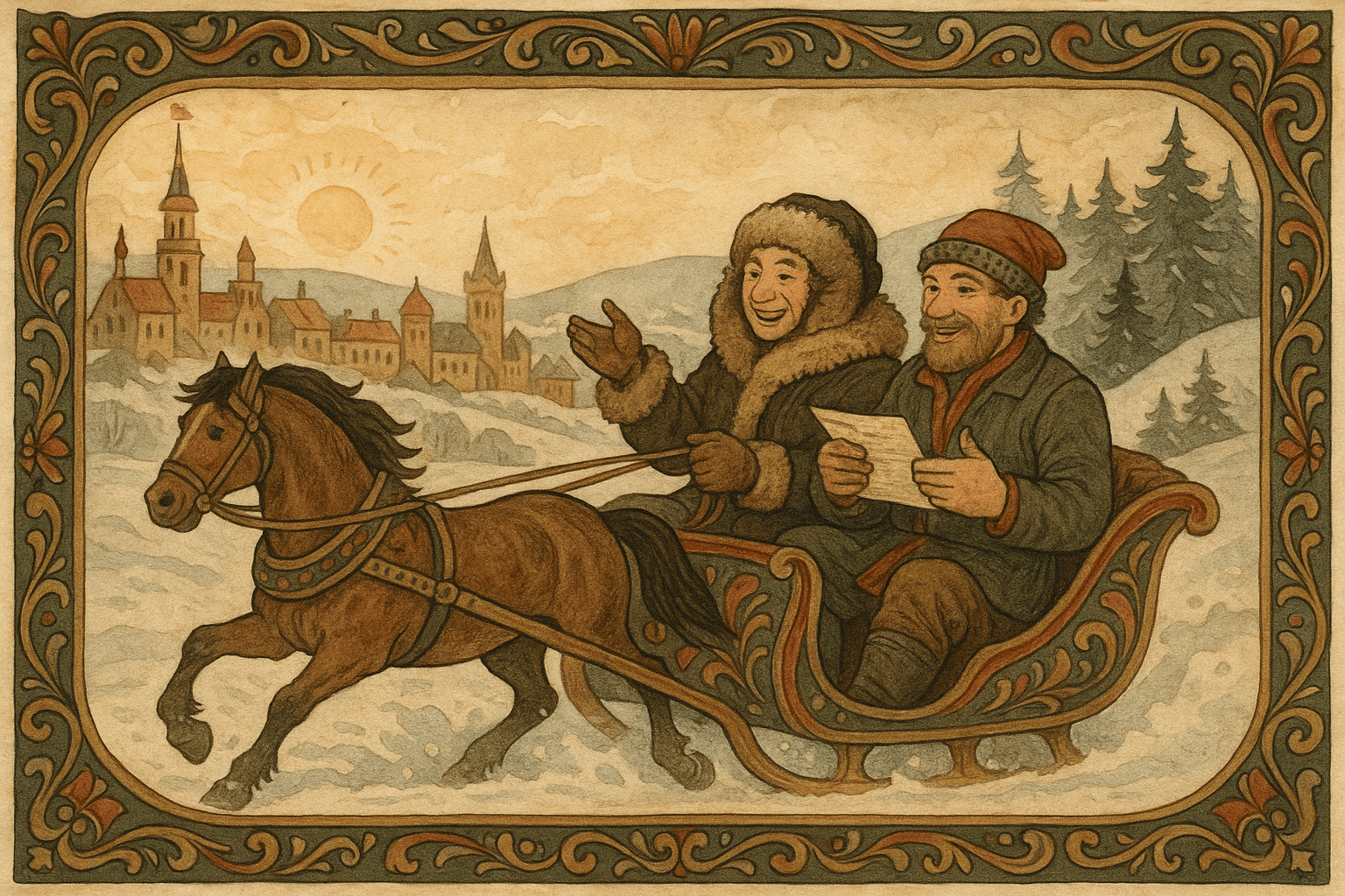 I klar vintermorgen klatrer offiseren inn i en slede ved siden av Tor, med Borken som trekker dem ut av byen mot hjemtraktene.