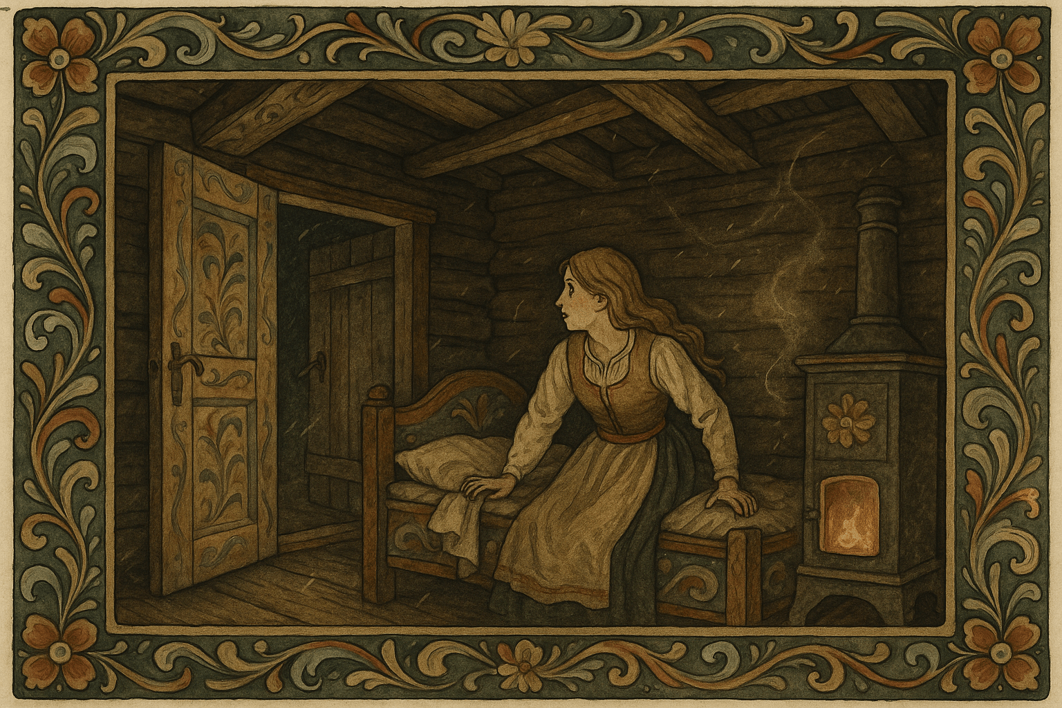 Birgit våkner i sæterbingen når døra åpner seg og nabben faller ut; mørke skygger og lyder av hester og bjelleklang fyller rommet. Hun står forskrekket ved sengen i det dunkle lyset.