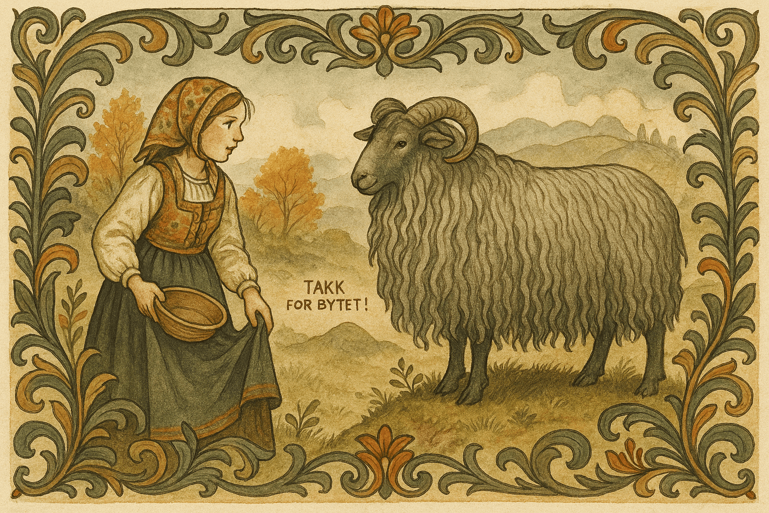 Birgit oppdager at grauten er borte og holder en stor grå sau med langt ull som hun tar med seg. En svak stemme fra en tue antyder at haugafolket har gitt sauen som bytte.