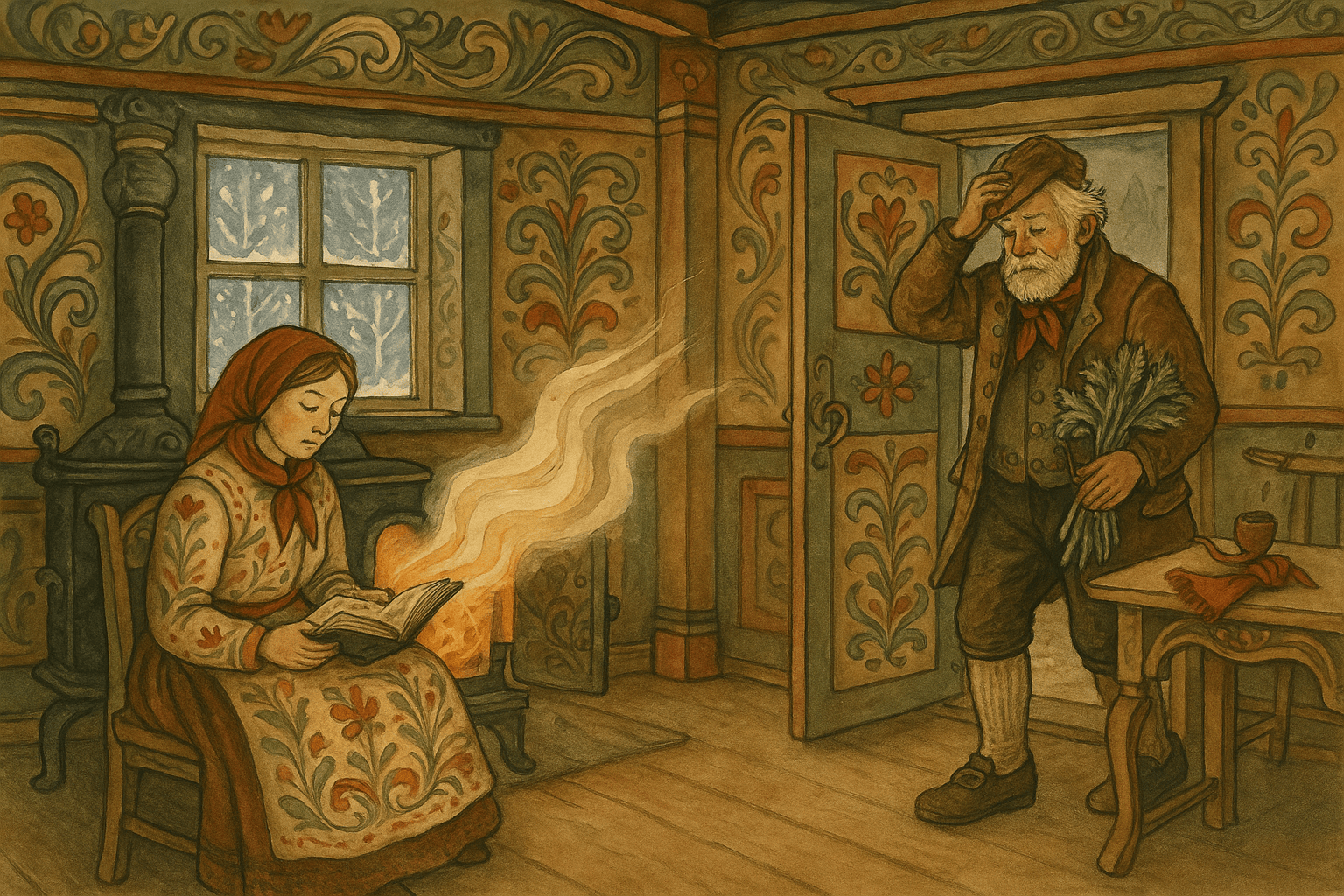 En gammel mann i hallingdrakt står i en kald stue ved ovnsdøra med et knippe angelikarot, mens han varmer hendene ved bålet. Pipe ligger på bordet og rim dekker vindusruten.