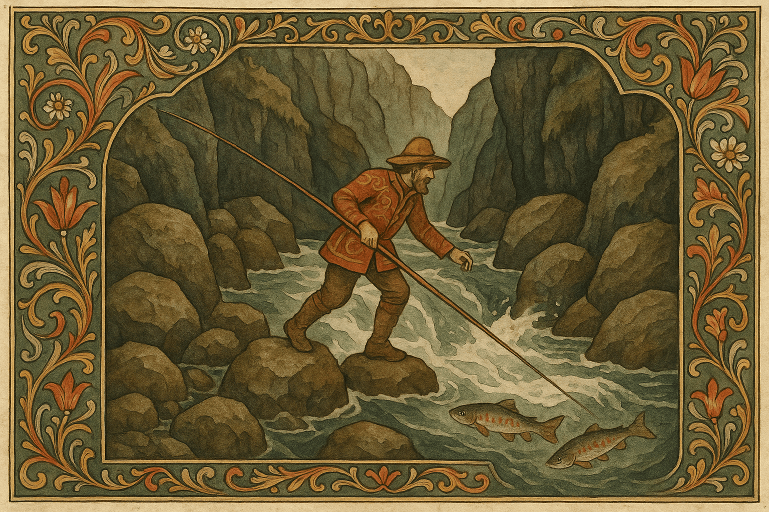 Fiskeren balanserer på glatte sten i en trang elvekløft, fossen bruser og danner dype grønne kulper under steile granåsar.