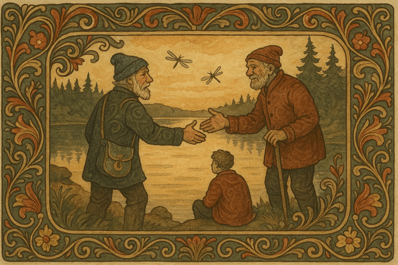 Ved Bjørnsjøens dam i skumringen møter fortelleren to gamle menn; Elias med blå topplue og lammeskinnspose og en eldre fisker ved strandkanten.