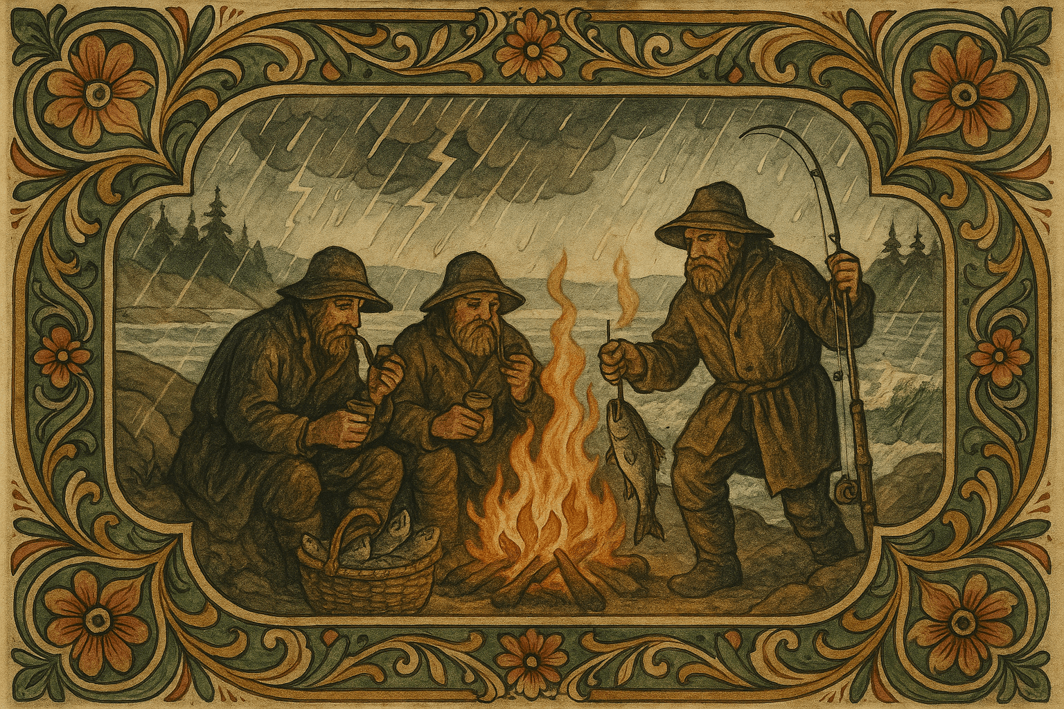 Tre fiskere sitter ved et bål i regnvær og hagl på en odde, våte klær og fiskekurv ved siden, mens en fisk blir brakt i land.