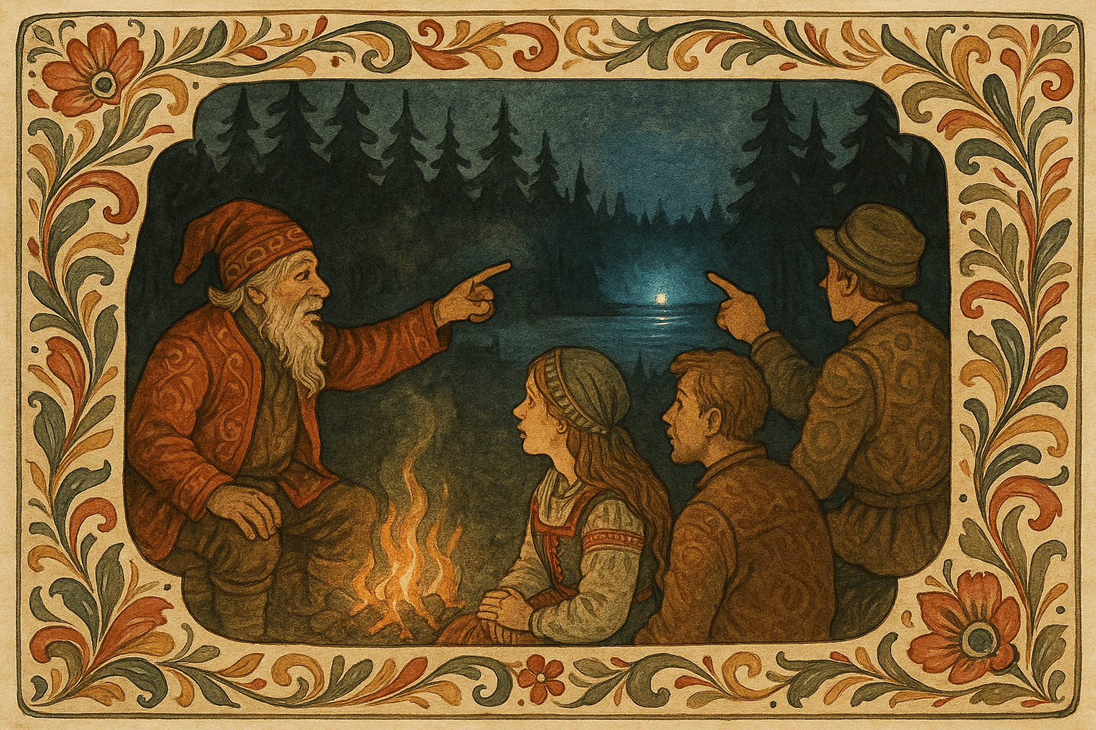 Ved bålet forteller Elias om huldrefisken mens mennene skuer mot et blått lys langt over vannet, som får samtalen til å skifte mot skatt- og hulderhistorier.