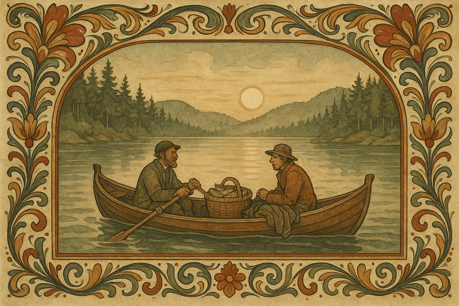 I morgengryet ror de tilbake over Bjørnsjøen med båten og en kurv full av ørret, mens sollyset treffer granene på åskammen.