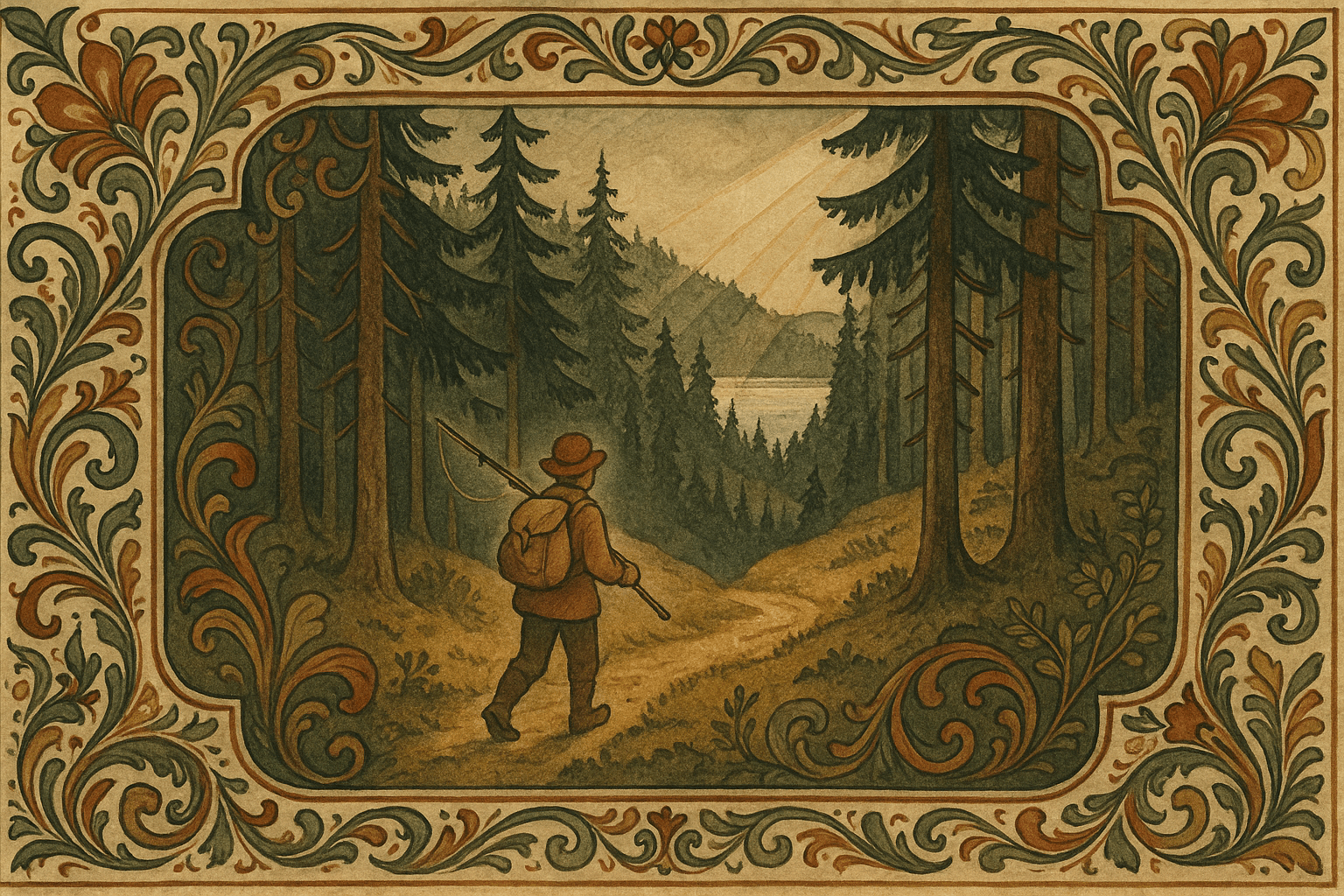 En mann forlater byen og går gjennom gran- og furuskog mot Bjørnsjøelven, med solstråler over Bærumsåsene og vann som glimter mellom trærne.