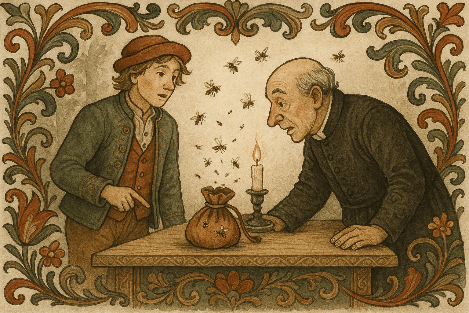 Tjenestegutten fyller en pengepung med et vepsebol ved brua og legger den på bordet foran en nysgjerrig prest, med veps som begynner å svirre.