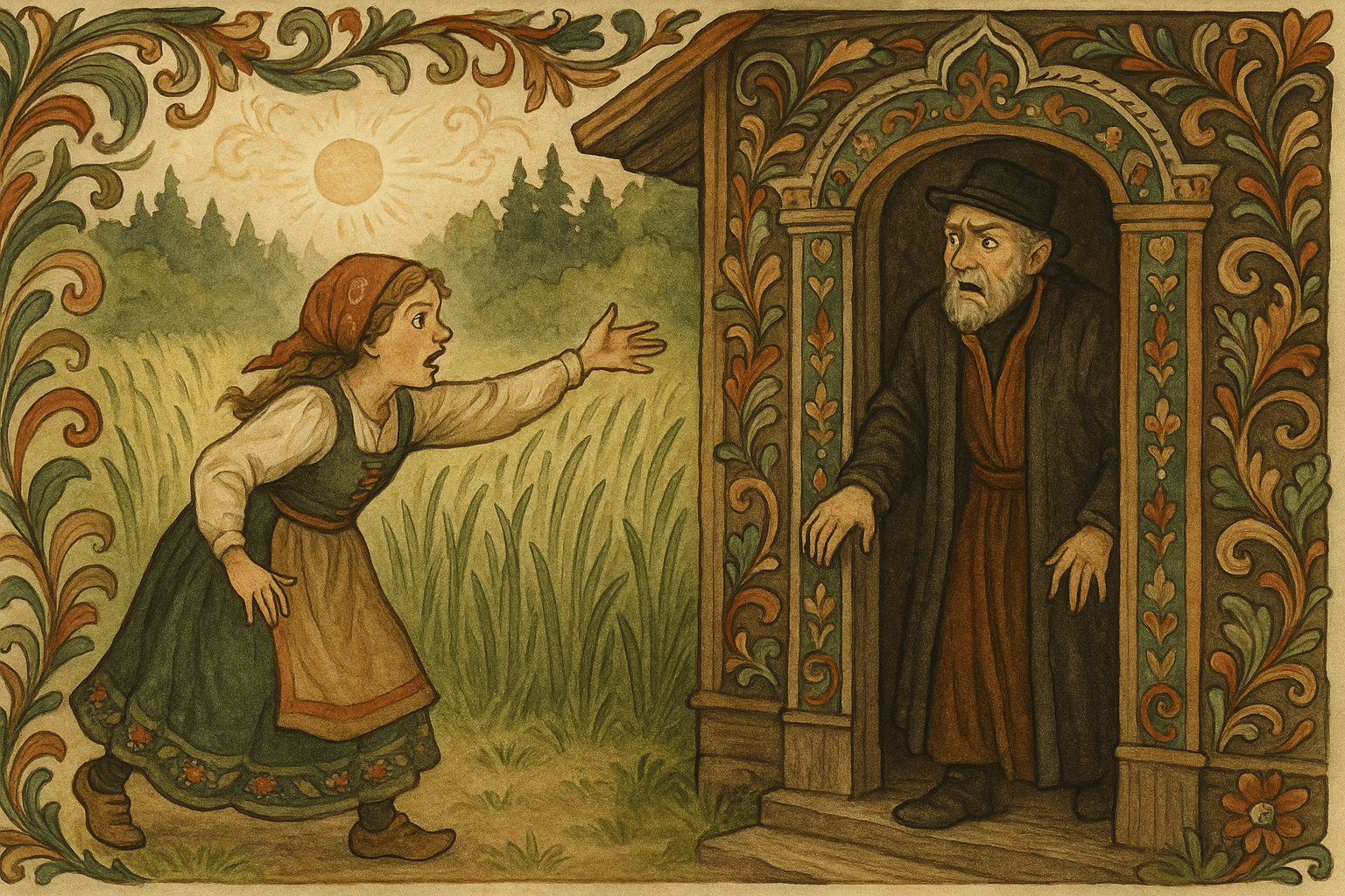 En tjenestejente kommer styrtende og peker mot enga som har reist seg i morgenlyset; presten står bekymret i døråpningen.