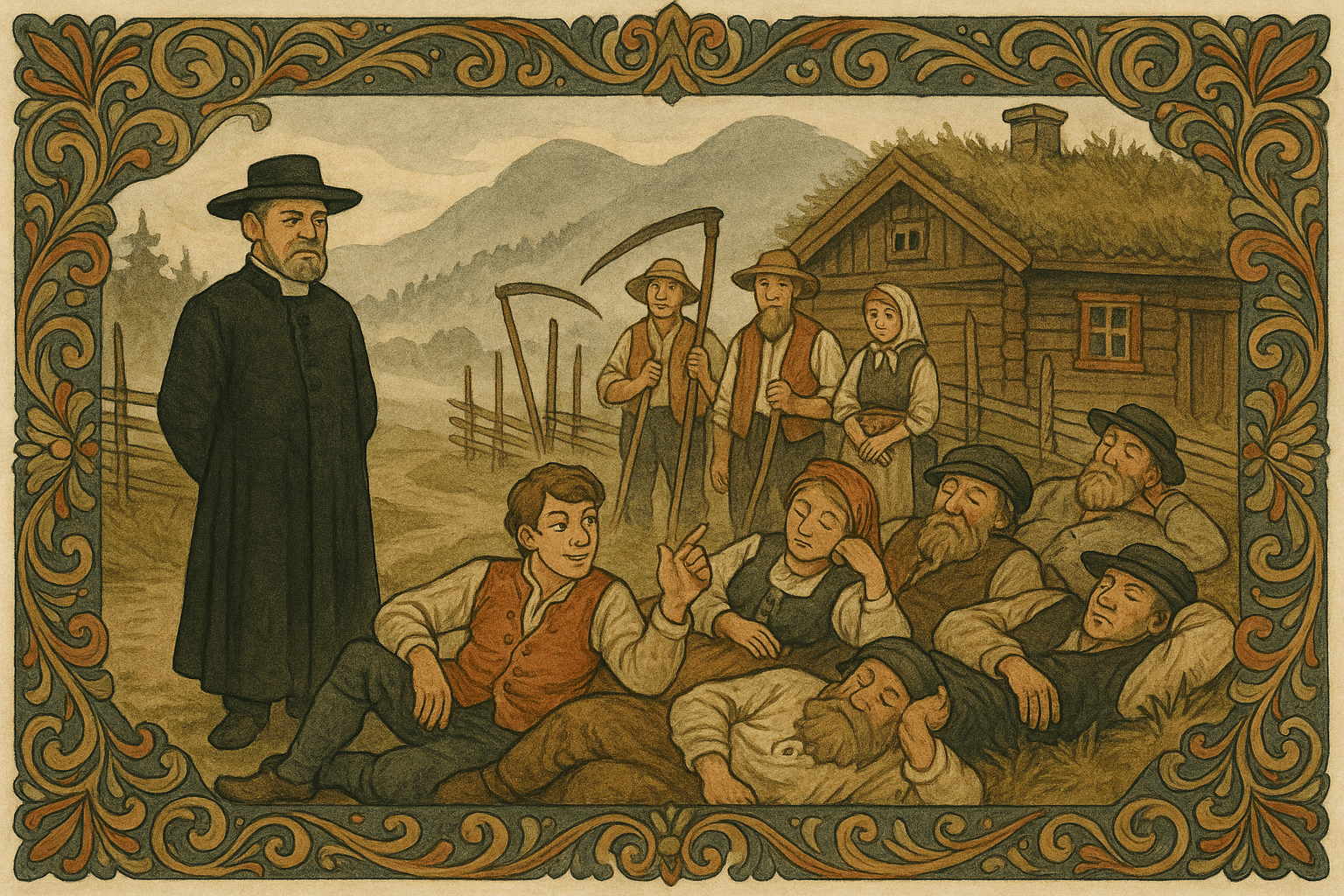 Presten står ved gården tidlig om morgenen mens slåttefolk med ljåer gjør seg klare og en tjenestegutt ligger og overtaler dem til å hvile.