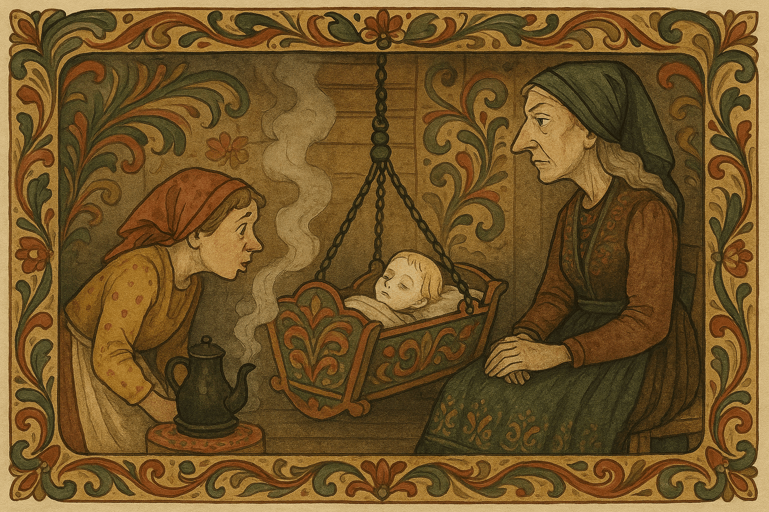 I den røykfylte stua blåser husmannskonen ved under kaffekjelen mens signekjerringa Gubjør sitter ved hengevugga med det syke barnet.