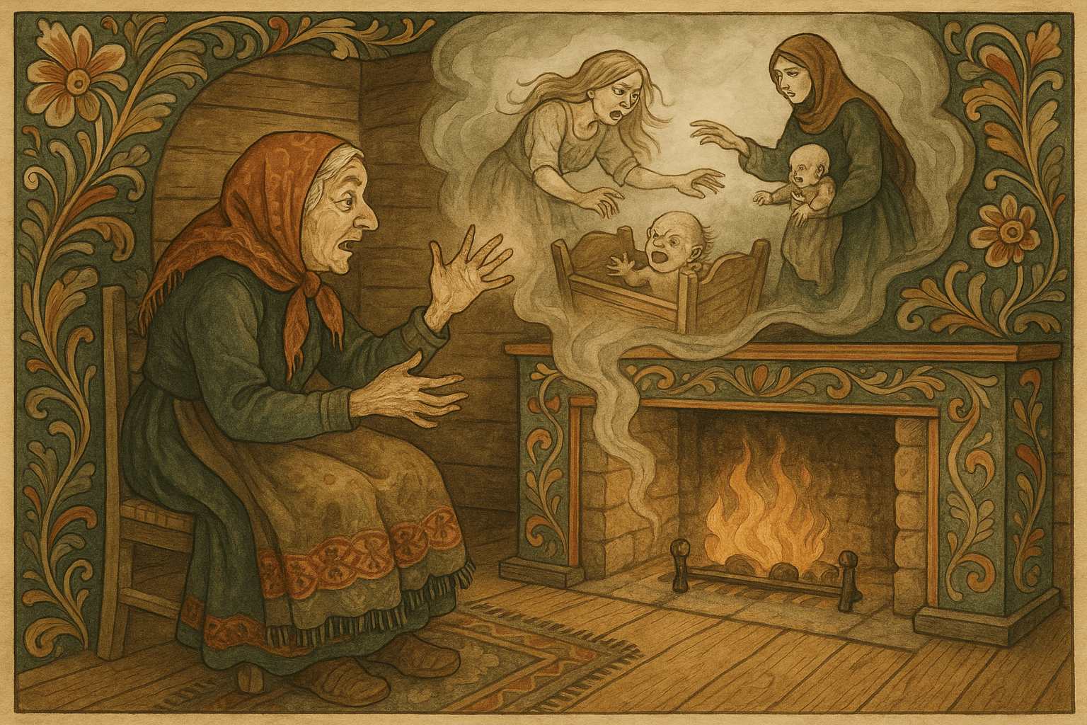 Gubjør forteller om byttinger mens et spøkelsesaktig minne av en mor og en uhyggelig bytting stiger over peisen.