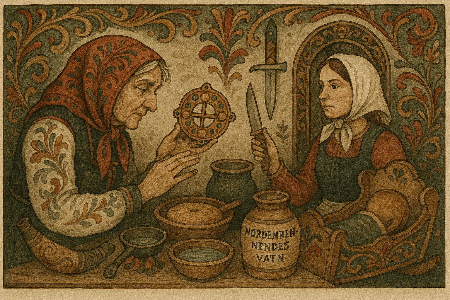 Forberedelser til ritual: snushorn og bly, støpeskeia over glørne og en bolle med nordenrennendes vatn dekket av et hullbrett.