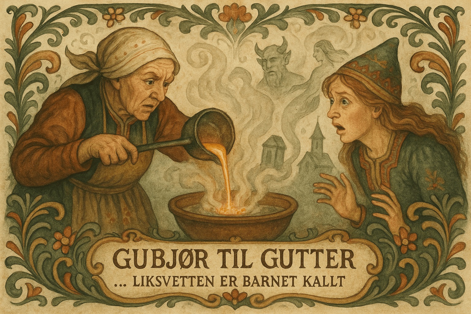 Glødende bly helles i vann og danner figurer; en hornet skikkelse, en havfrue og et likskrin med kirketårn vises i skummet.