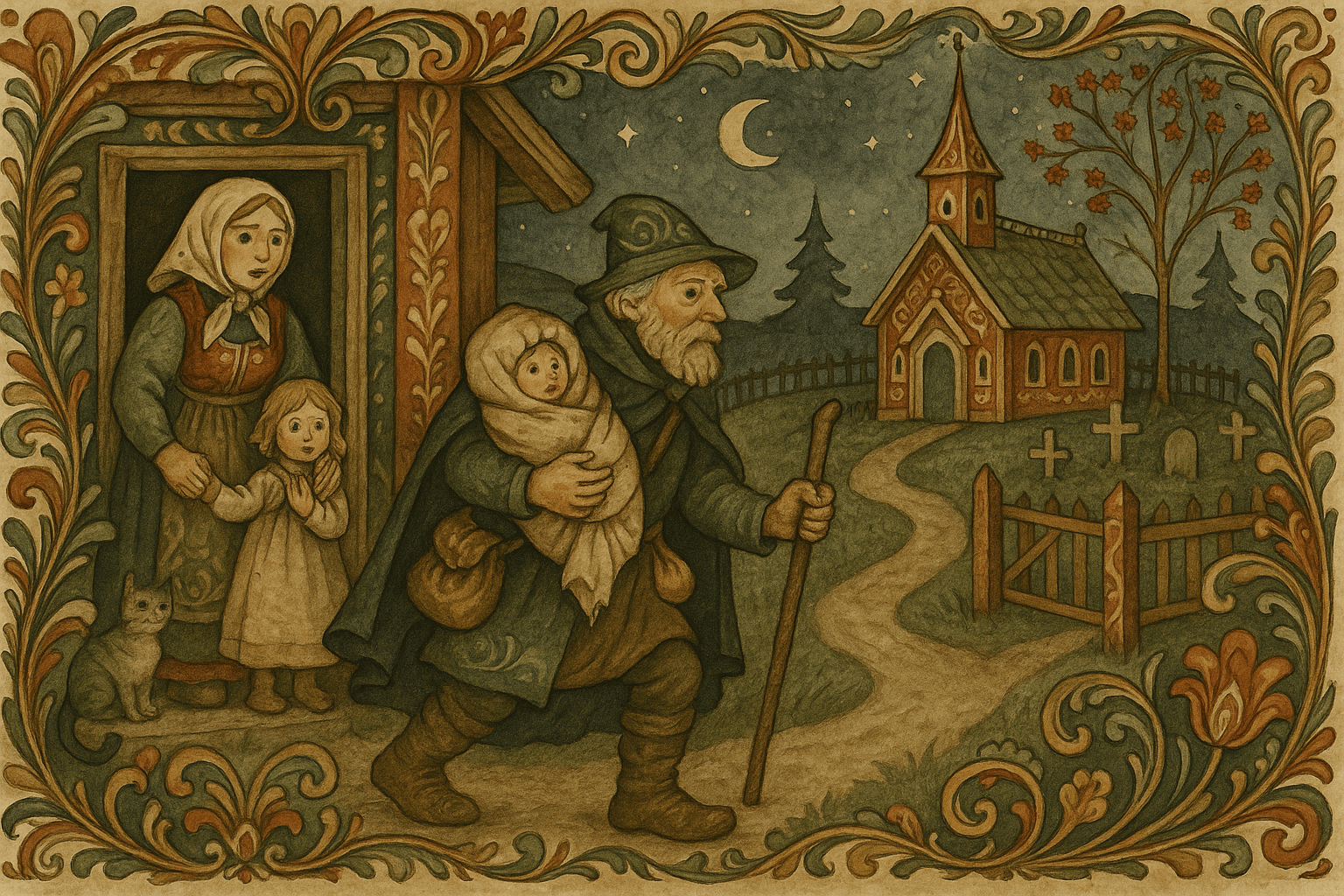 Gubjør går mot kjerkegarden med et svøpebarn og en pose arvesølv mens husmannskonen ser bekymret fra døra.