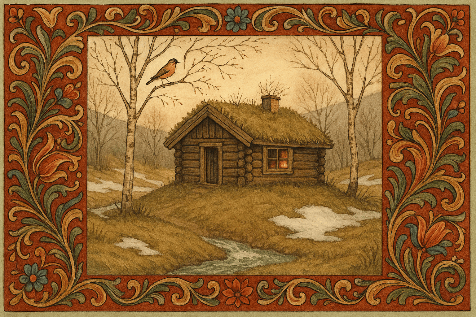 En liten tømmerstue på en haug i Gudbrandsdalen om våren, smeltende snø og bjørkegreiner over taket; gjennom åpningen skimtes en røykfylt stue og lav peis.