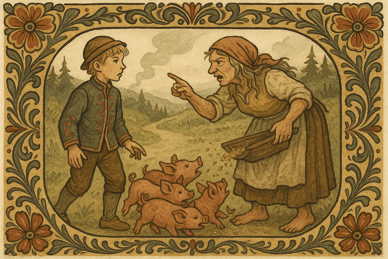 En gulgrå, barbent kjerring mater grisunger ved et tretrau og ser halvveis bort på den nysgjerrige gutten mens grisene trengs.