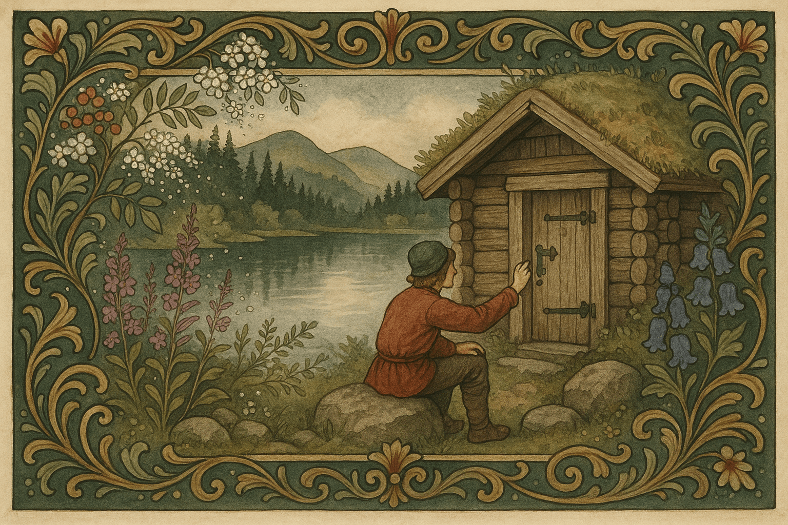 Seteren ved et stille tjern omkranset av blomstrende hegg og rogn, mens alle dører på seterhytta er låst og gutten banker på døren og venter.