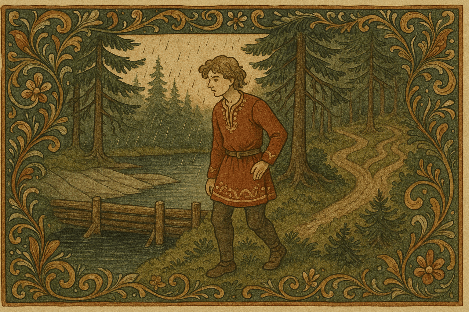 Ved en tømmerdam mellom to tjern står gutten og ser på glatte svaberg på den ene siden og en velbrukt sti som forsvinner i mørk skog på den andre.