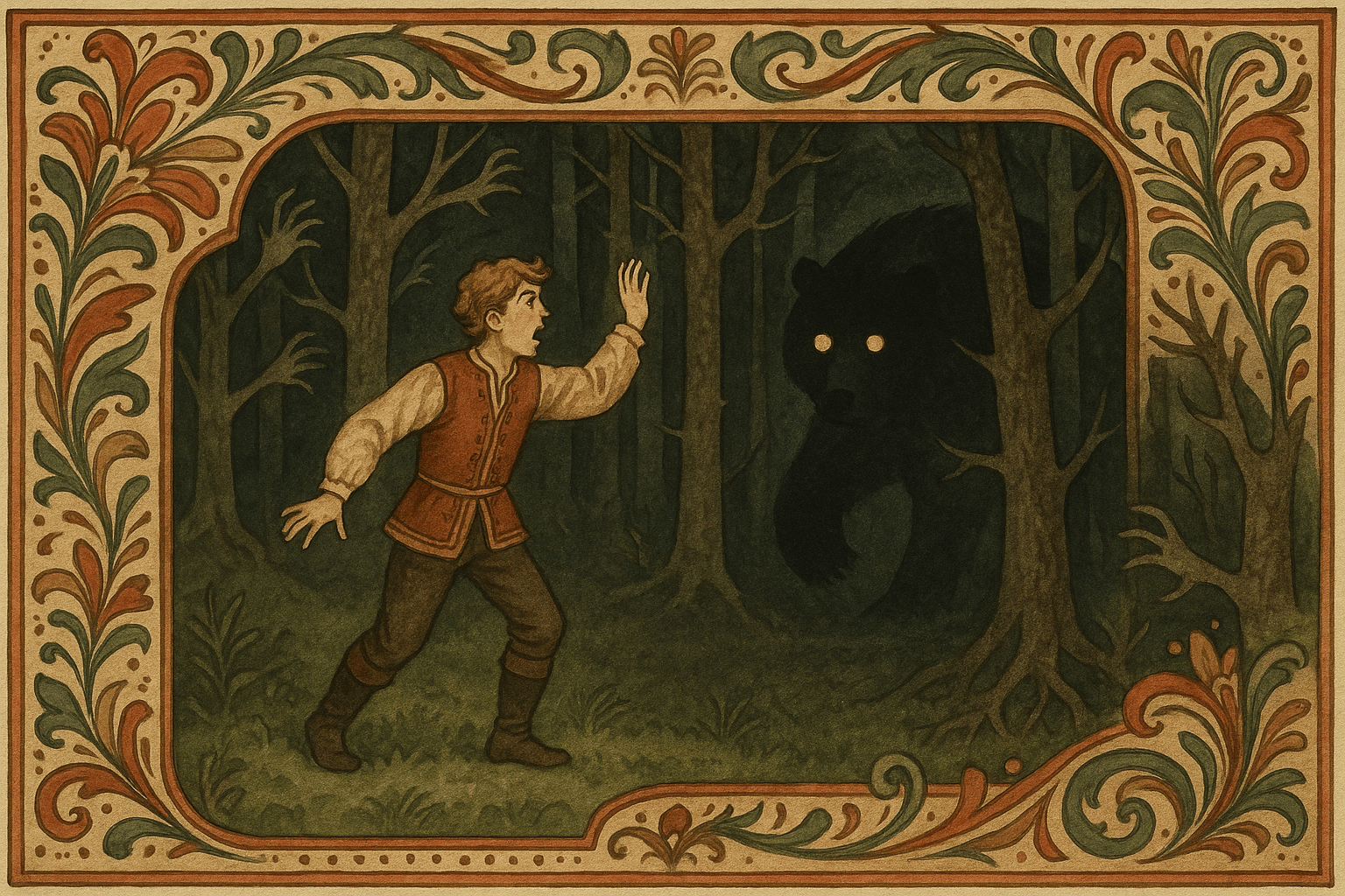 I skogmørket skvetter gutten opp når en stor svart skygge med glødende øyne nærmer seg, han står på mose og roper mens frykt og skygger omkranser ham.