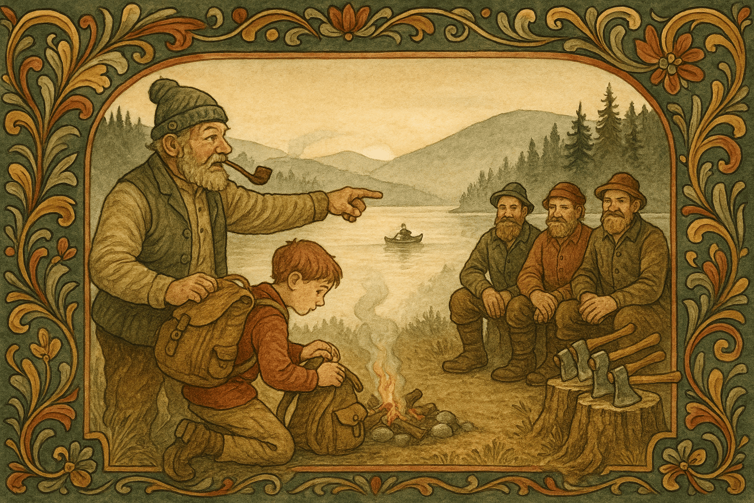 Morgen ved Storflåtan: Tor Lerberg peker mot en båt ved vannkanten og viser gutten veien over vannet, mens tømmerhuggere pakker sammen ved bålet.