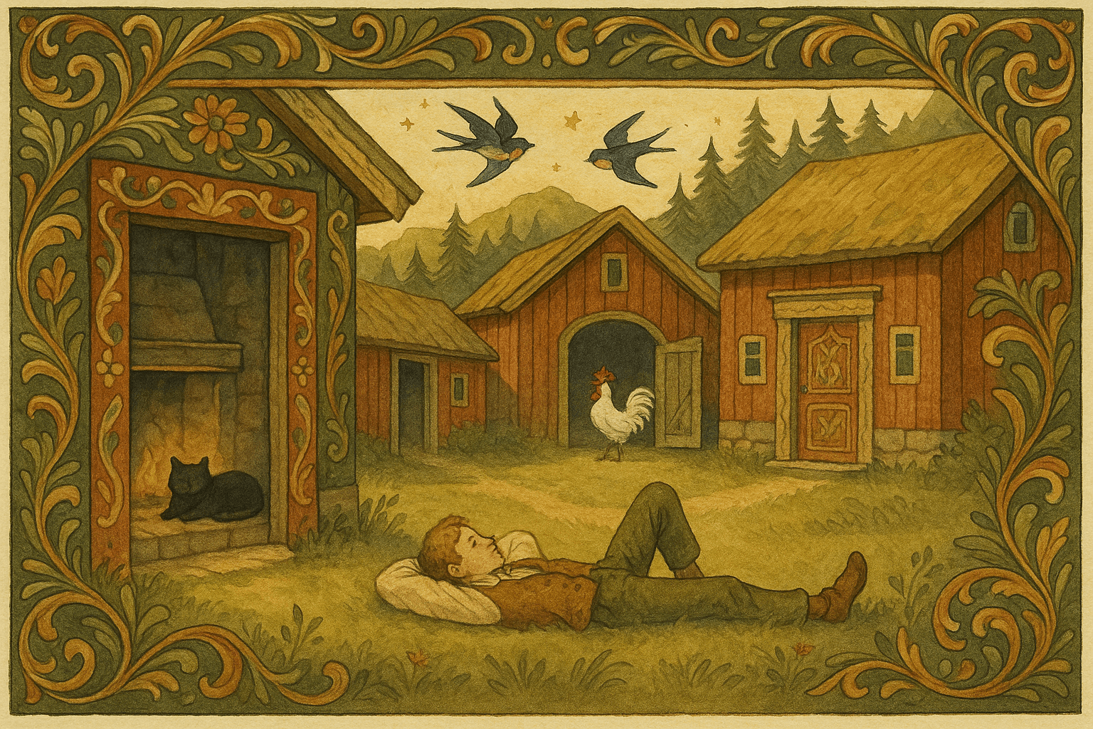 En ung mann hviler i skyggen på tunet ved den forlatte gården Øvre-Lyse; en svart katt i peisen og en skinnende hvit hane i svalen mens svaler svirrer i solen.