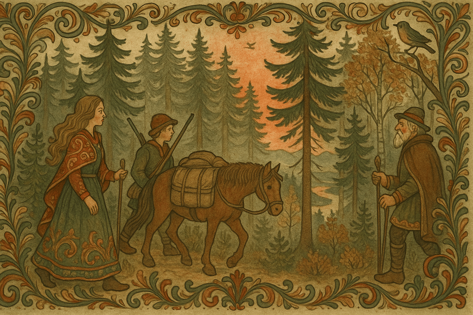 Sti gjennom skog og lyng i skumring, med et glimt av Lågen langt under og blå fjell i det fjerne.