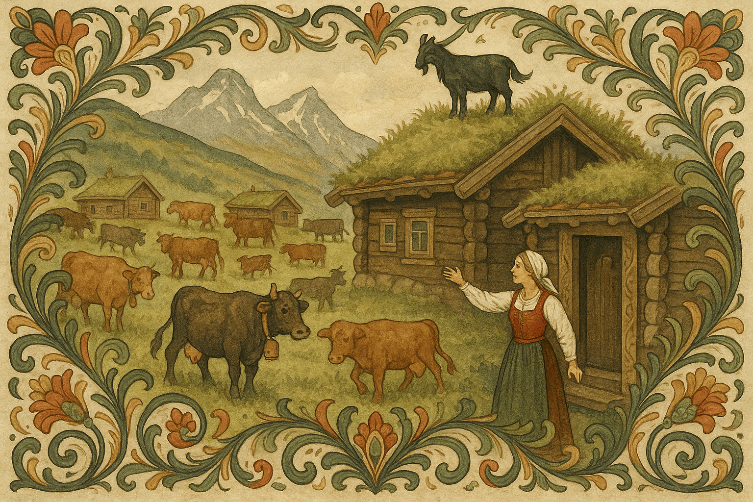 Høvringens seter i kveldslys, kuer med bjeller og Brit som lokker en geit ned fra torvtaket.