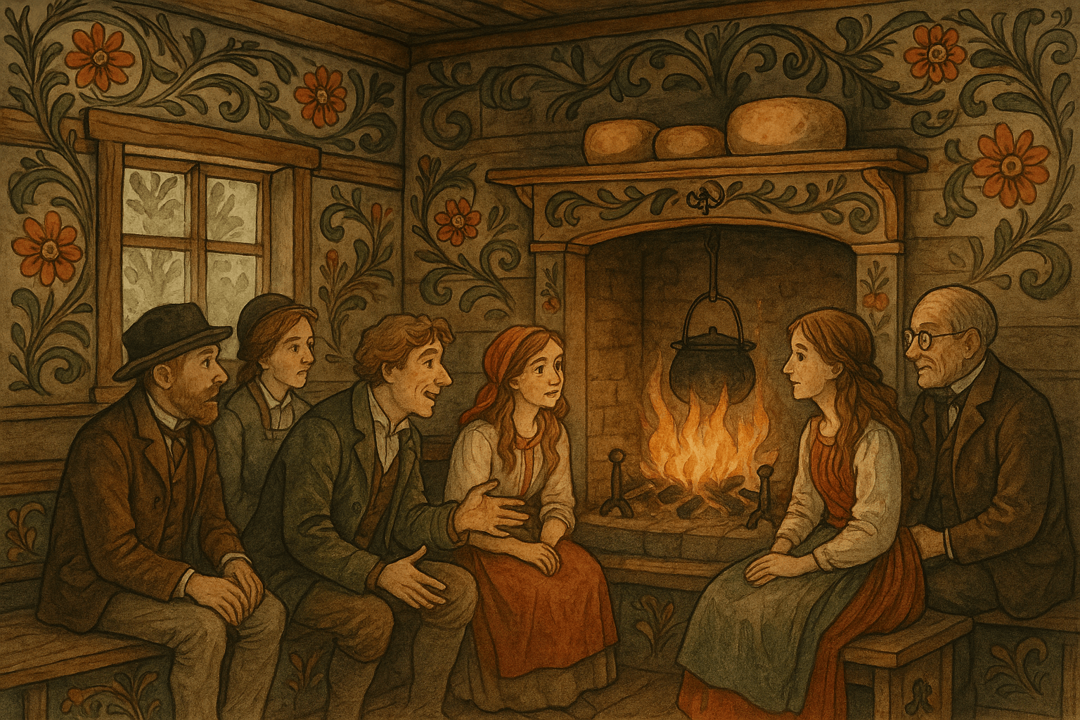 Inne i seterstua rundt et stort peisbål forteller Anders om Hogne Trøllkluvar mens alle lytter.