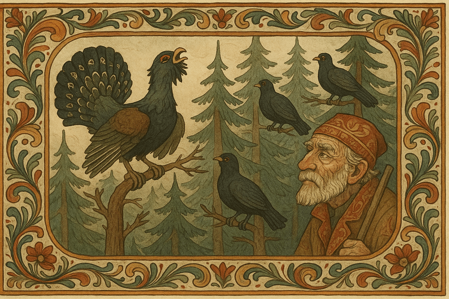 Den store tiuren «Brekaren» slår seg inn i tretoppene og breker, mens Per Sandaker og kapteinen ser på med uro og beundring.