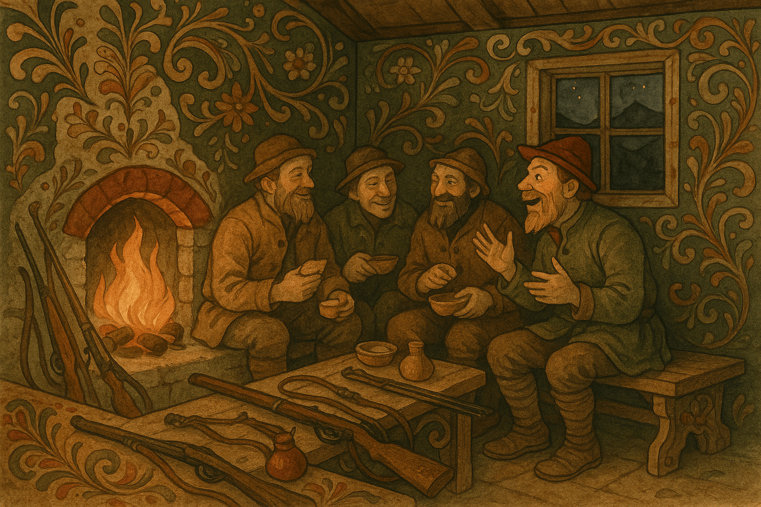 Fire menn sitter ved peisen i seteren og forteller jakt- og folkeeventyr; våpen og jaktsaker ligger på bordet ved siden av.