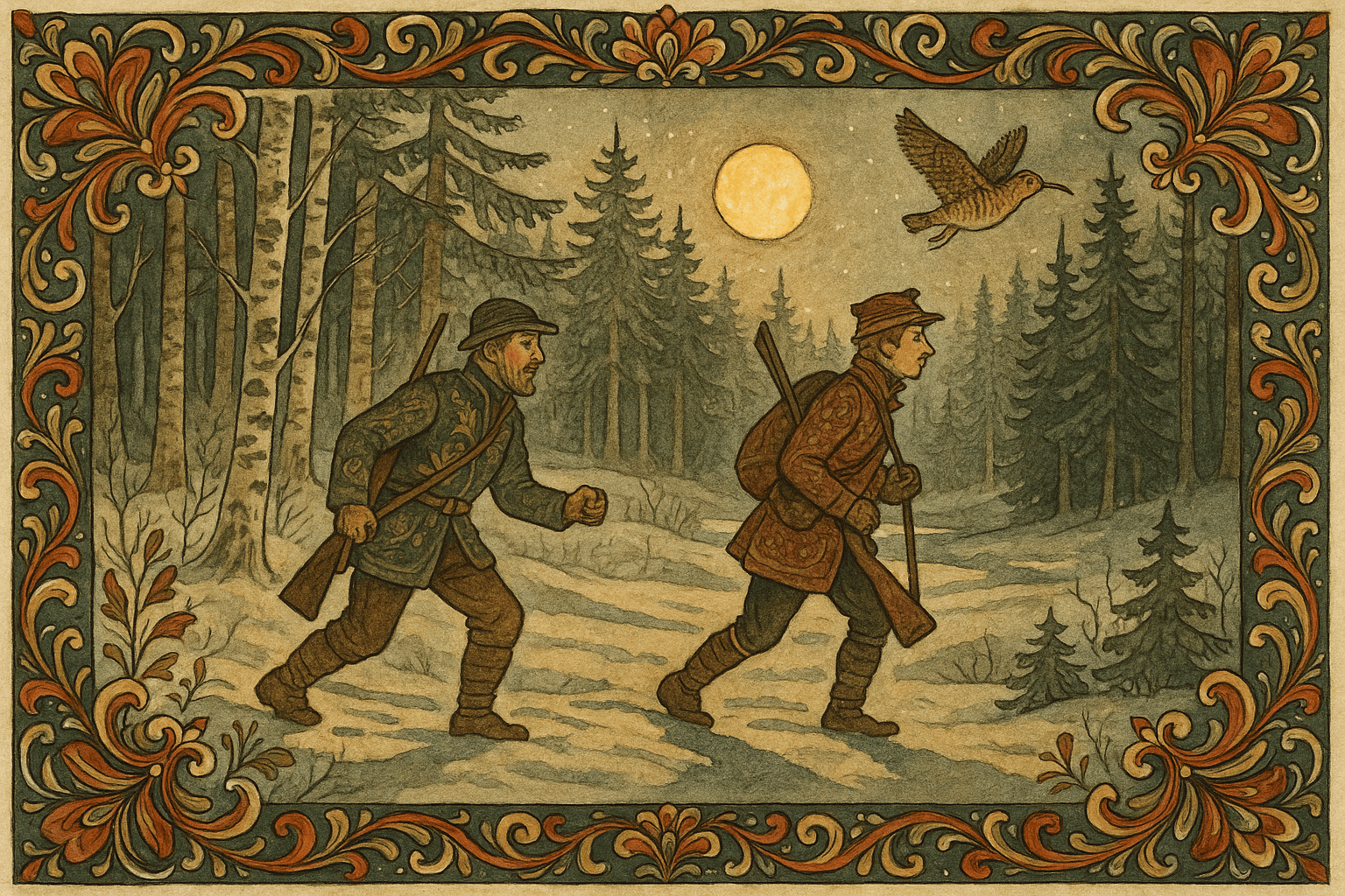 To jegere sniker seg over en frossen myr under lav måne, med knirkende skare og fuglesang i den tause gryningen.