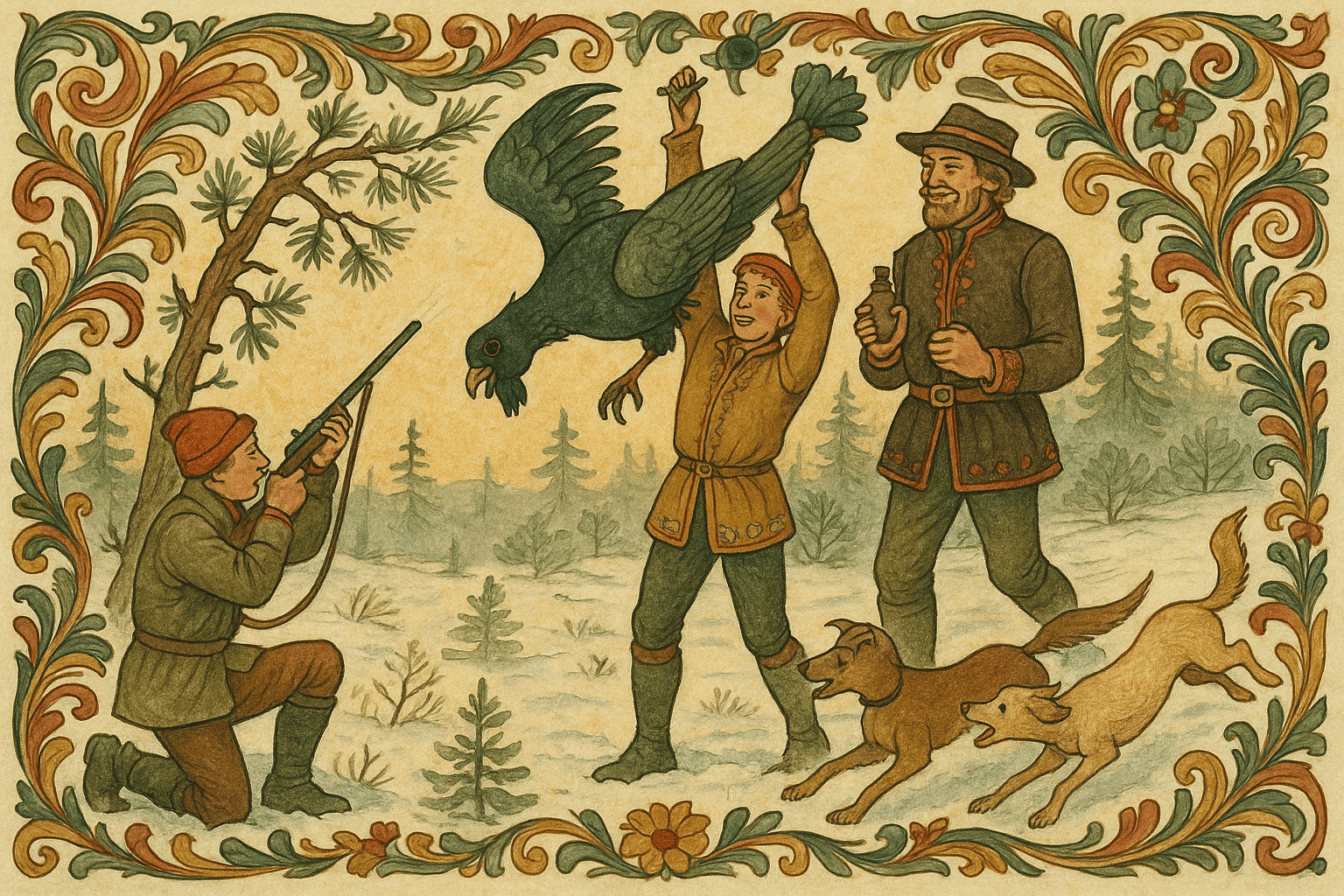 Soloppgang over myra der en stor tiur ligger død på snøen, Per holder fuglen triumferende mens hundene slippes og jakten bryter løs.