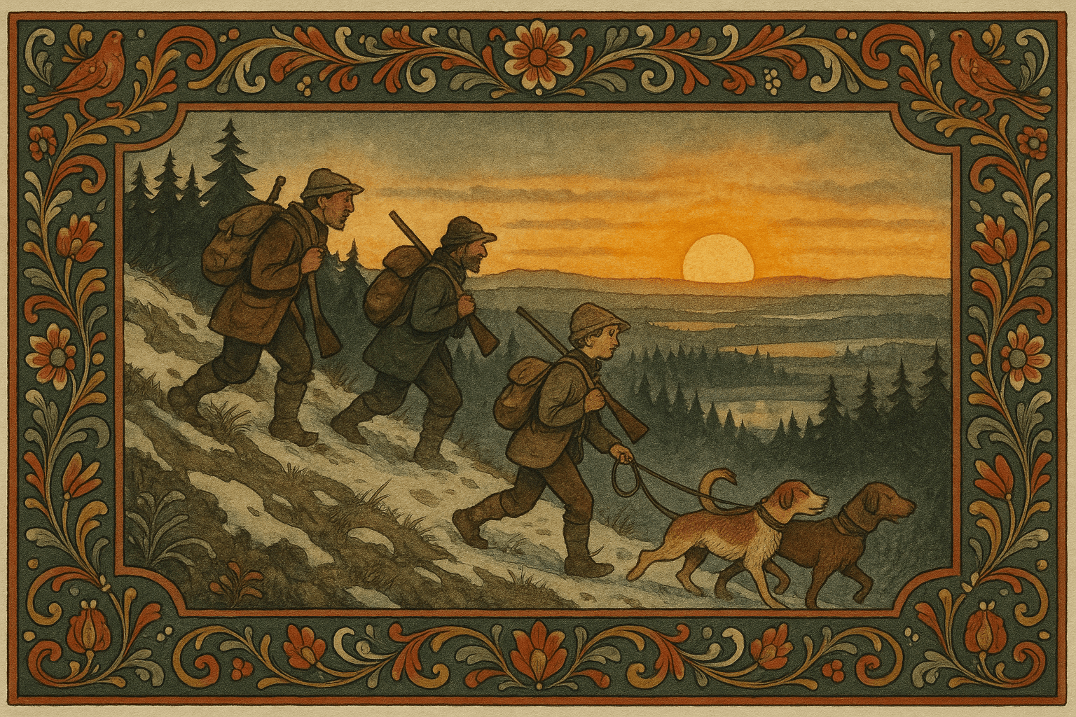 Fire jegere og en gutt med to hunder går opp en snødekt li i solnedgang mot Skjærsjøhaugen, omgitt av mørke skoger og islagte tjern.