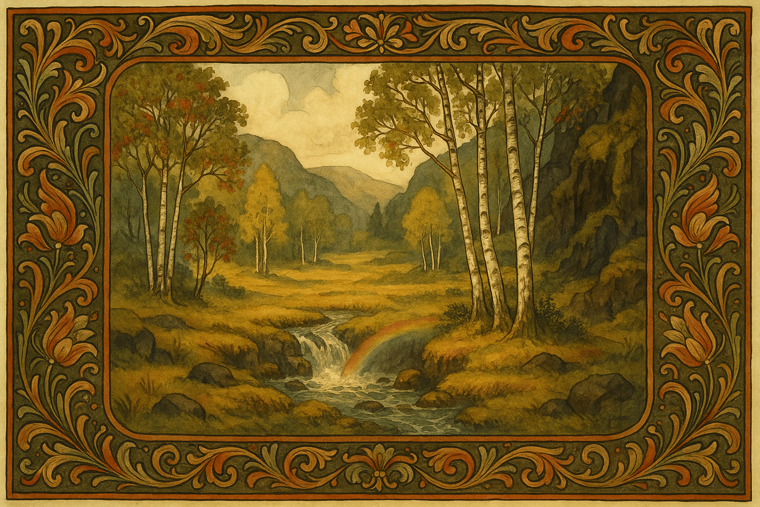 En lys dallyng med tuer, bjørkeklynger og en elv som faller i små fossefall og kaster et regnbueskinn i spruten. Solrike gressflater står mot mørke, fuktige bergvegger.