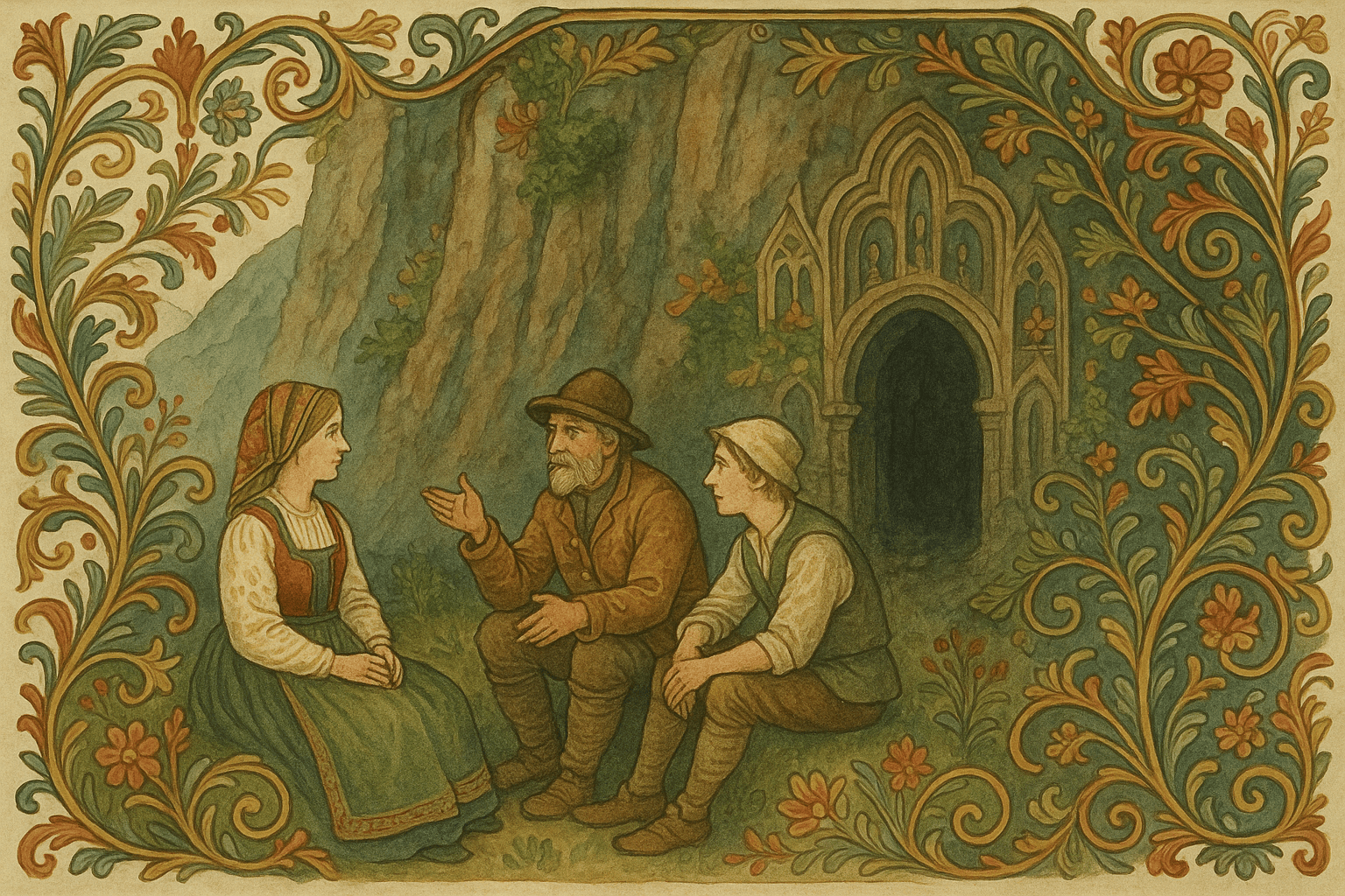 Mennesker hviler i skyggen under en bratt fjellvegg med dype sprekker og fremspring som minner om porter og huggverk. Fjellveggen har en skyggefull åpning som får det til å se ut som en dør inn i berget.