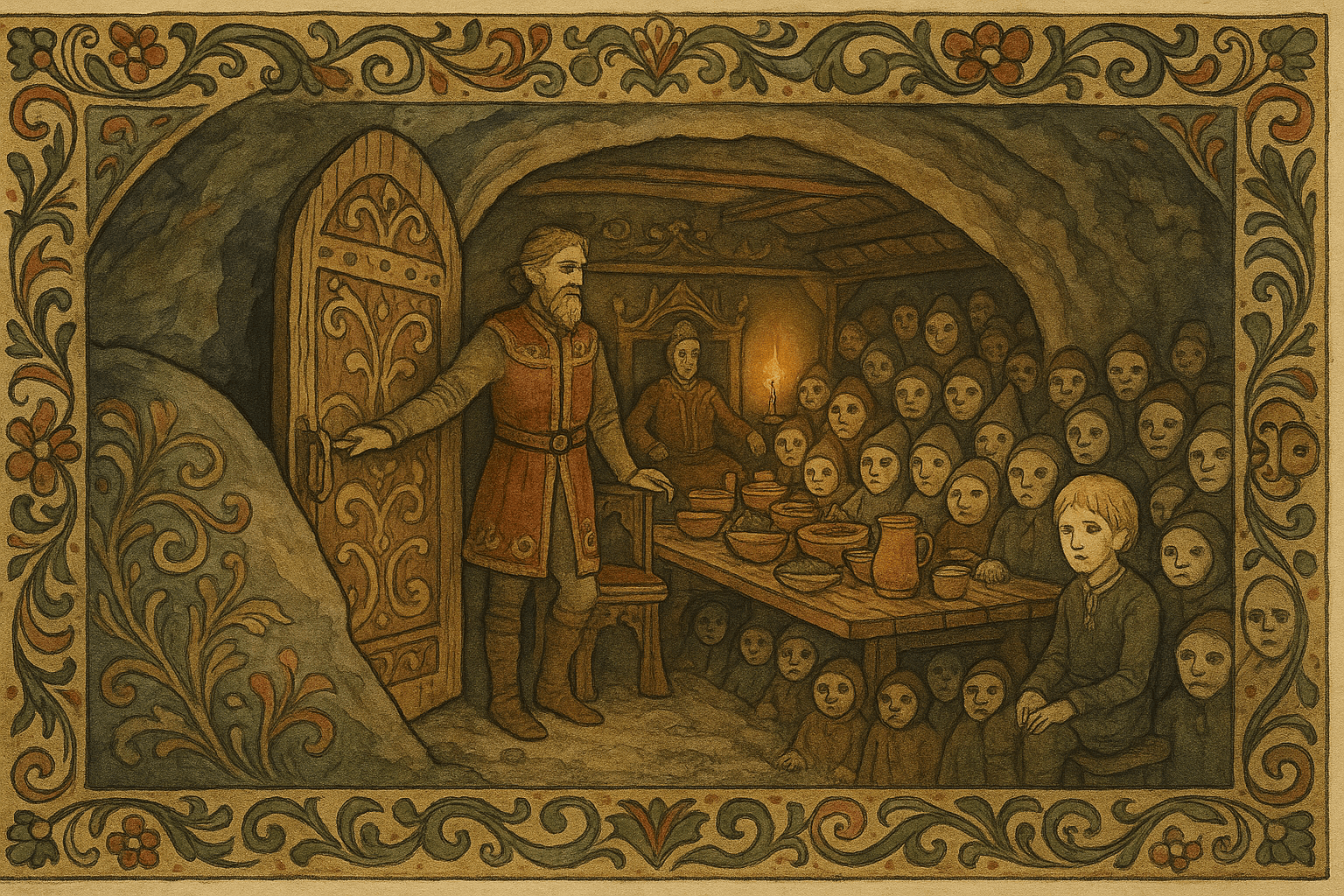 En dør i fjellet åpner til en langstue med underjordiske som sitter ved et langt bord med ølboller og fat, eieren sitter høyt og gutten sitter taus og redd ved bordkanten. Ilende fakkellys kaster skygger over folket som virker småvokst og merkelige.