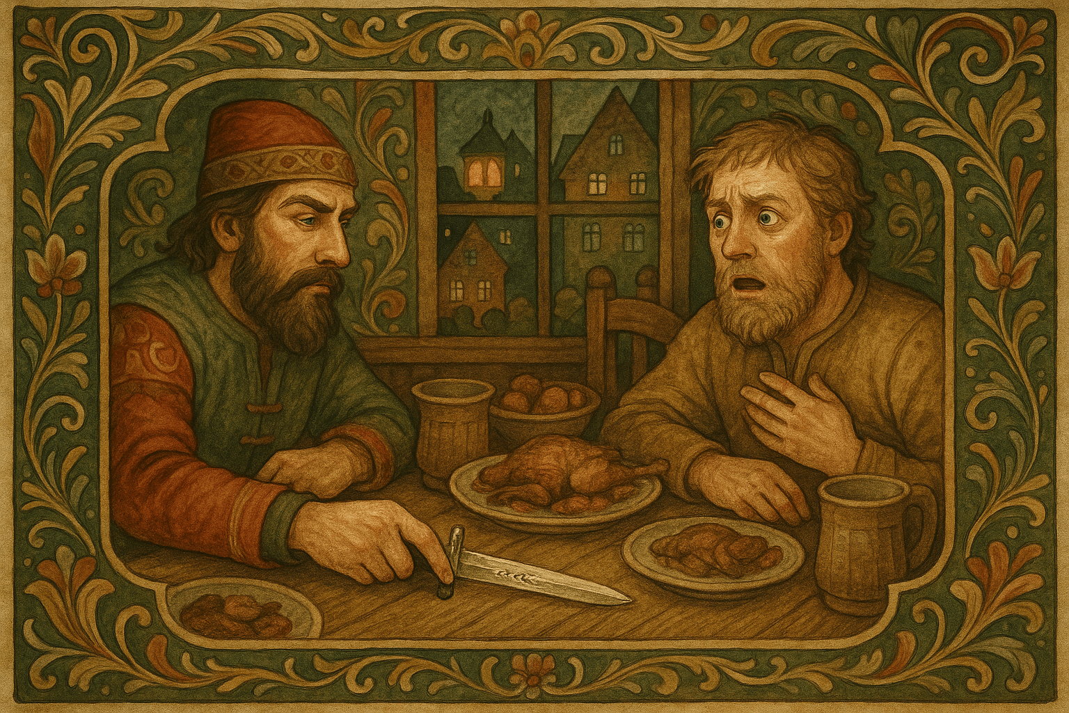 To menn sitter ved et bybord i Bergen, en sølvholket kniv med innskrift ligger på bordet og vekker gjenkjennelse og forbauselse. Stek og fat ligger rundt mens lampelyset skinner i vinduet.