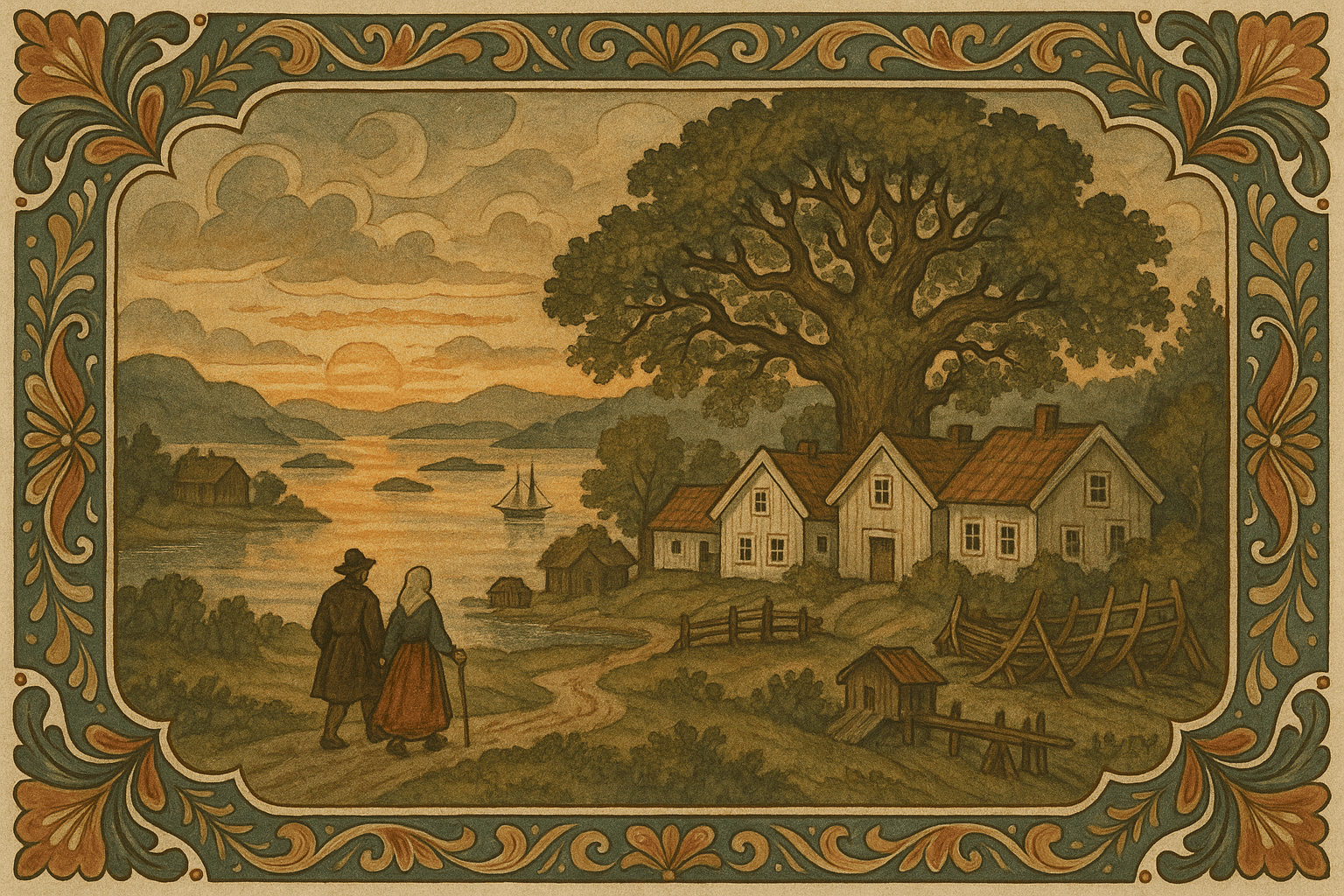 Aften over fjorden og tømmerflaten, med gårdens hvite hus under en stor kjemp-eik og skogkledt nes med sag og jægteskrog ved strandkanten. Fjorden speiler kveldshimlen mens landskapet ligger stille.