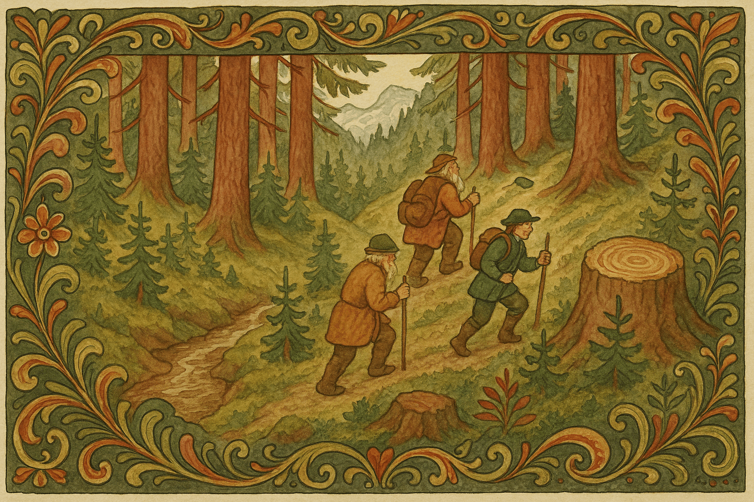 Tre menn går på sti inn i en dyp skogdal med store furustubber, ungskog og en brunlig bekk som bruser ved stien. Lyset faller dempet mellom røde furustammer og høye fjell i bakgrunnen.