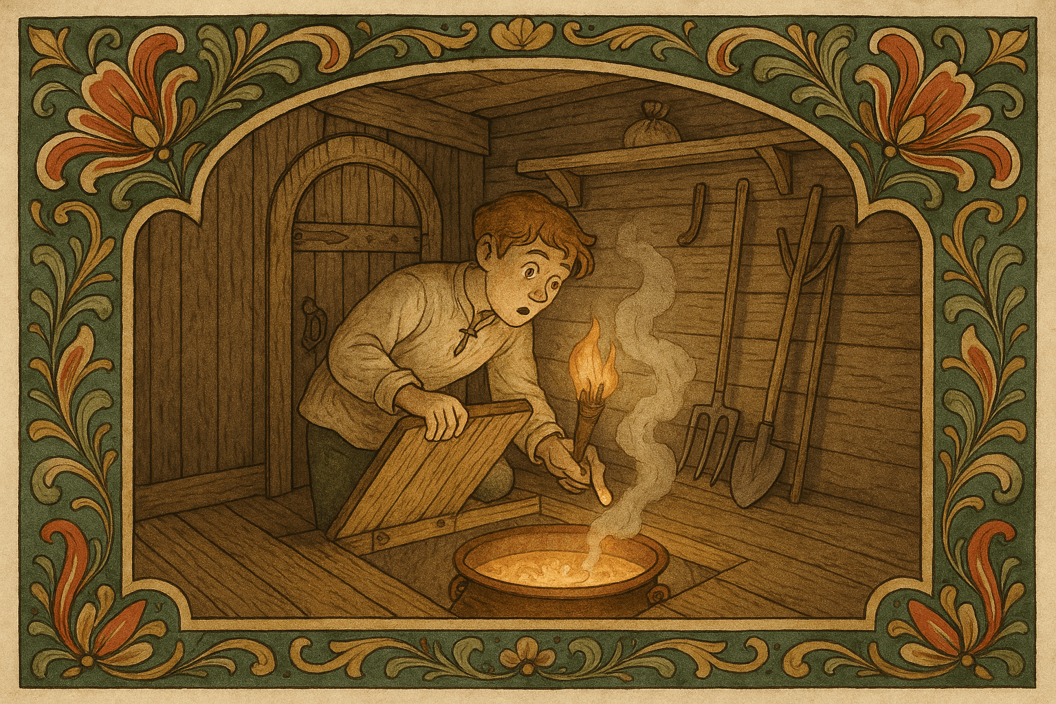 Gutten løfter en gulvlem og ser en stor kobberkjel som putrer nedunder; fingeren hans er forgylt og han står forundret.