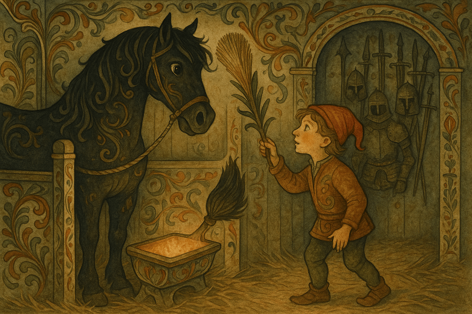 En stor svart hest står i et spiltau med et glo-trau, gutten bytter høymeisen fra halen til hodet og hesten ser opp som om den vil tale.