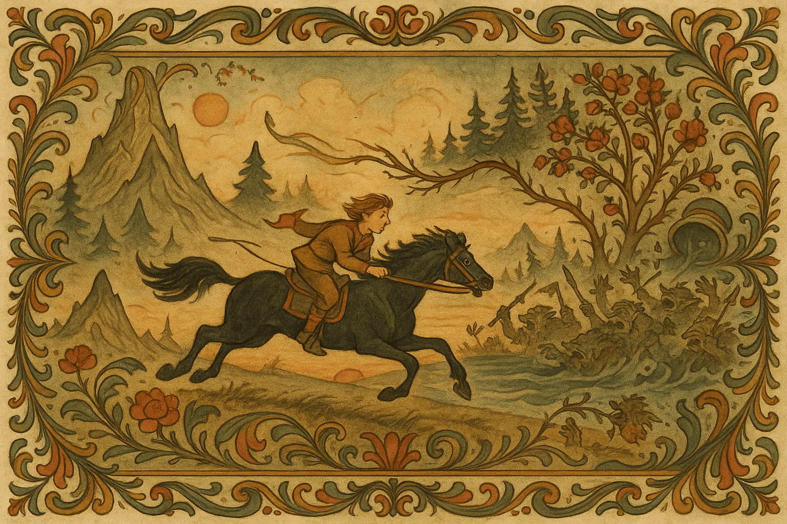 Gutten rir av sted på den svarte hesten og kaster nypetornpisken som vokser til en tornskog, mens kampestein og vann fra krukken danner hindringer som knekker trollene.