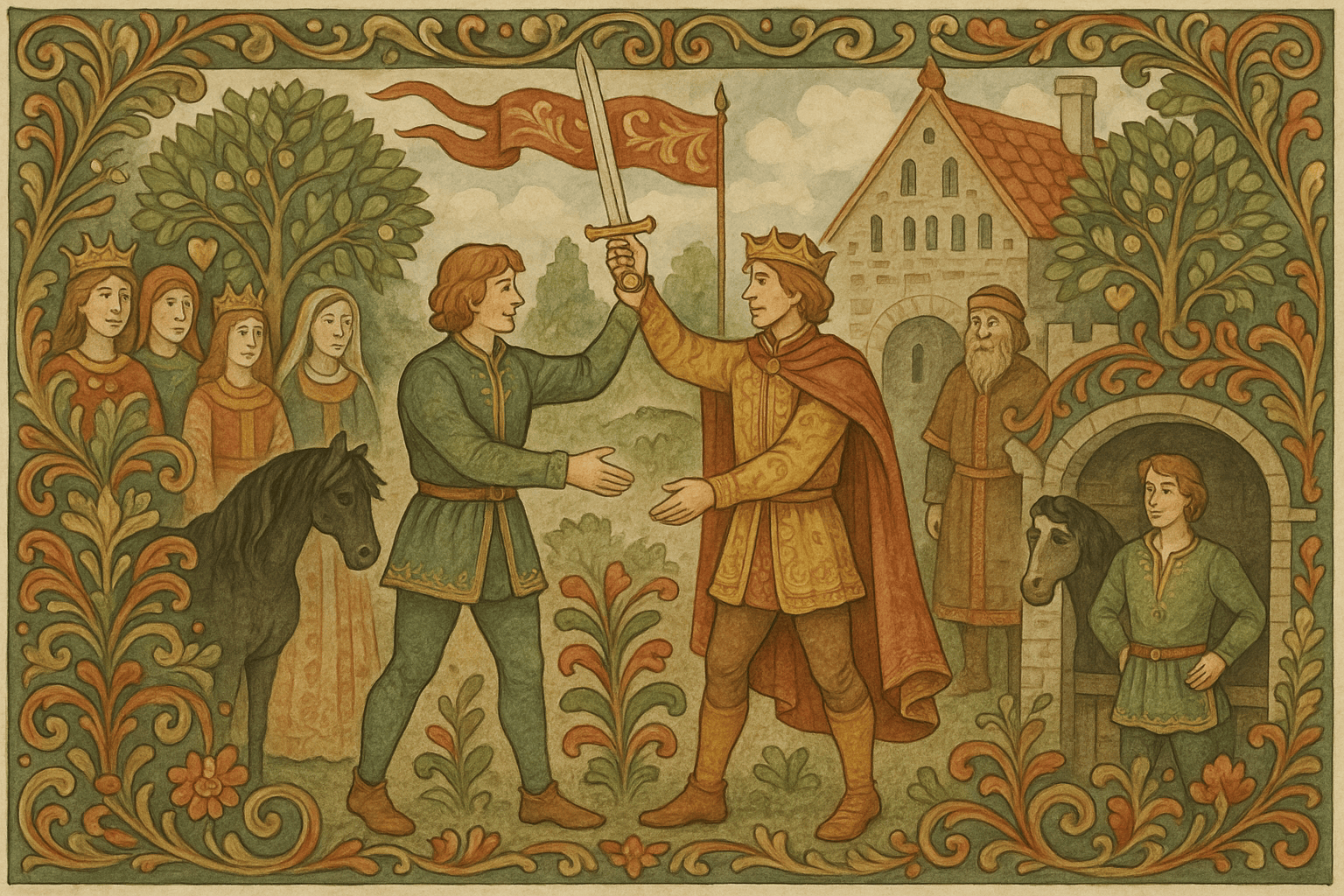 På bryllupsdagen hugger kongen mot hesten, og i stedet står en vakker prins fram; hoff og prinsesse ser overrasket på mens to unge konger hilser vennlig.